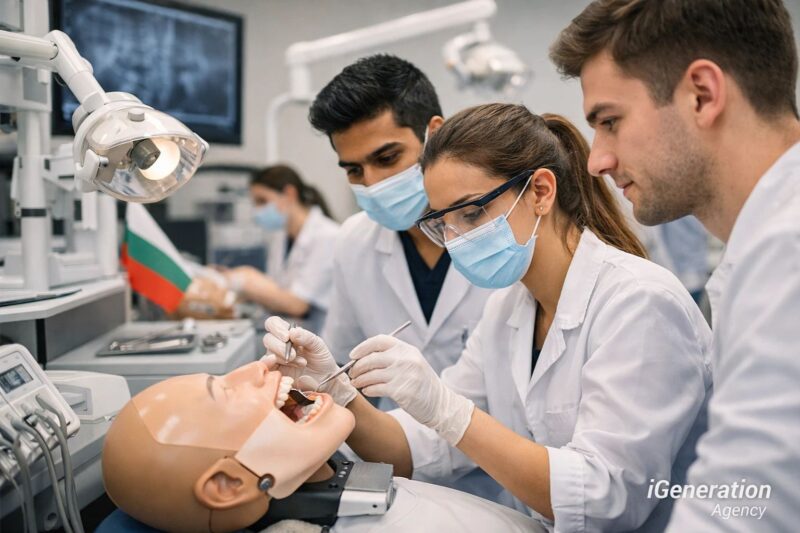 Dental students practicing clinical training at a Bulgarian university dentistry program during hands-on education session