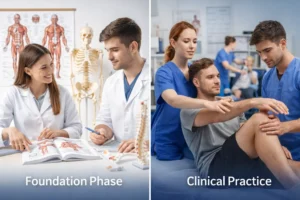Physiotherapy students studying anatomy during foundation phase and working with a patient during clinical practice training.