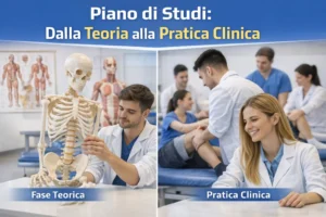 Piano di studi di fisioterapia in Bulgaria dalla fase teorica alla pratica clinica con studenti che studiano anatomia e riabilitazione.