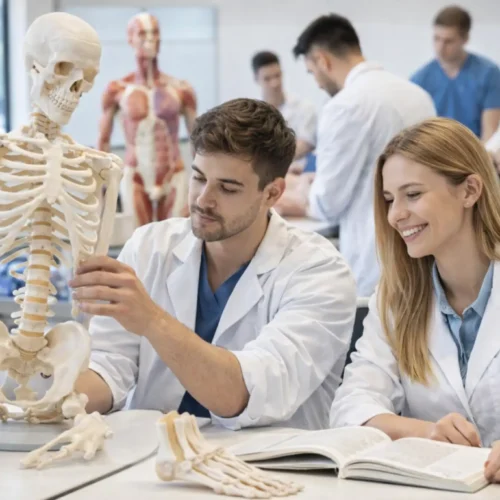Studenti di fisioterapia che studiano anatomia e biomeccanica durante la formazione universitaria in Bulgaria.