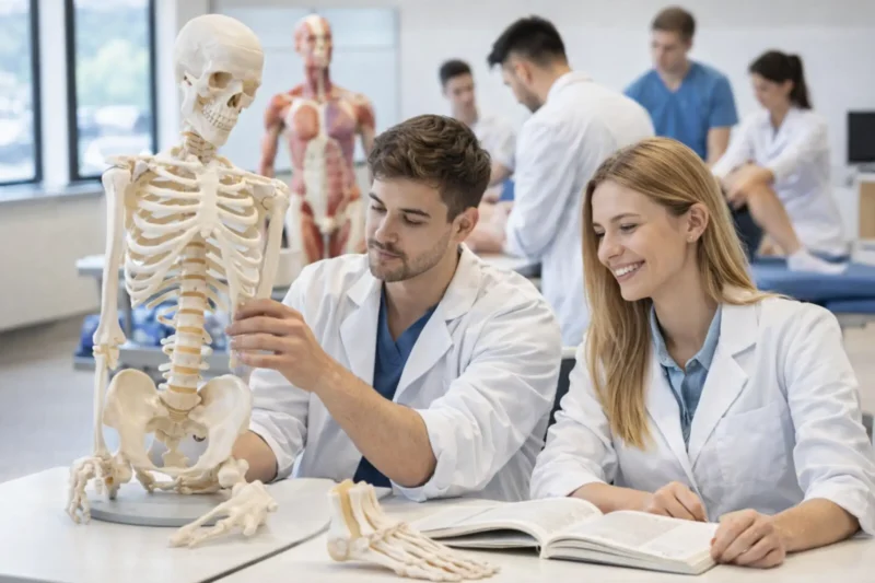 Studenti di fisioterapia che studiano anatomia e biomeccanica durante la formazione universitaria in Bulgaria.