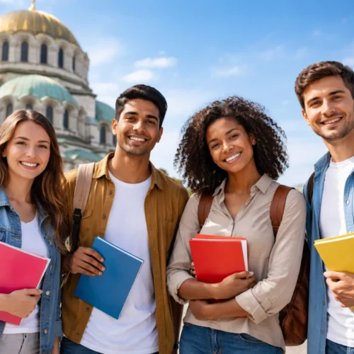 International students studying in Bulgaria holding books outdoors with university environment in background