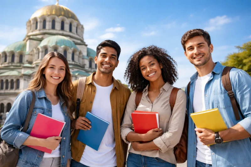International students studying in Bulgaria holding books outdoors with university environment in background