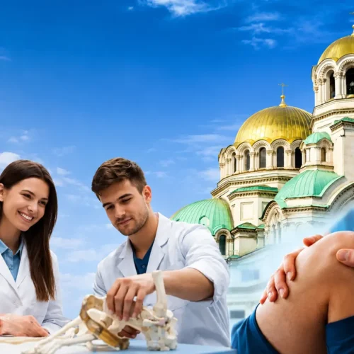 Students studying physiotherapy in Bulgaria in English with anatomy models and physiotherapy practice scene
