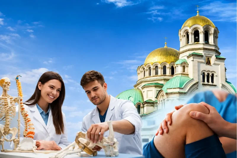 Students studying physiotherapy in Bulgaria in English with anatomy models and physiotherapy practice scene