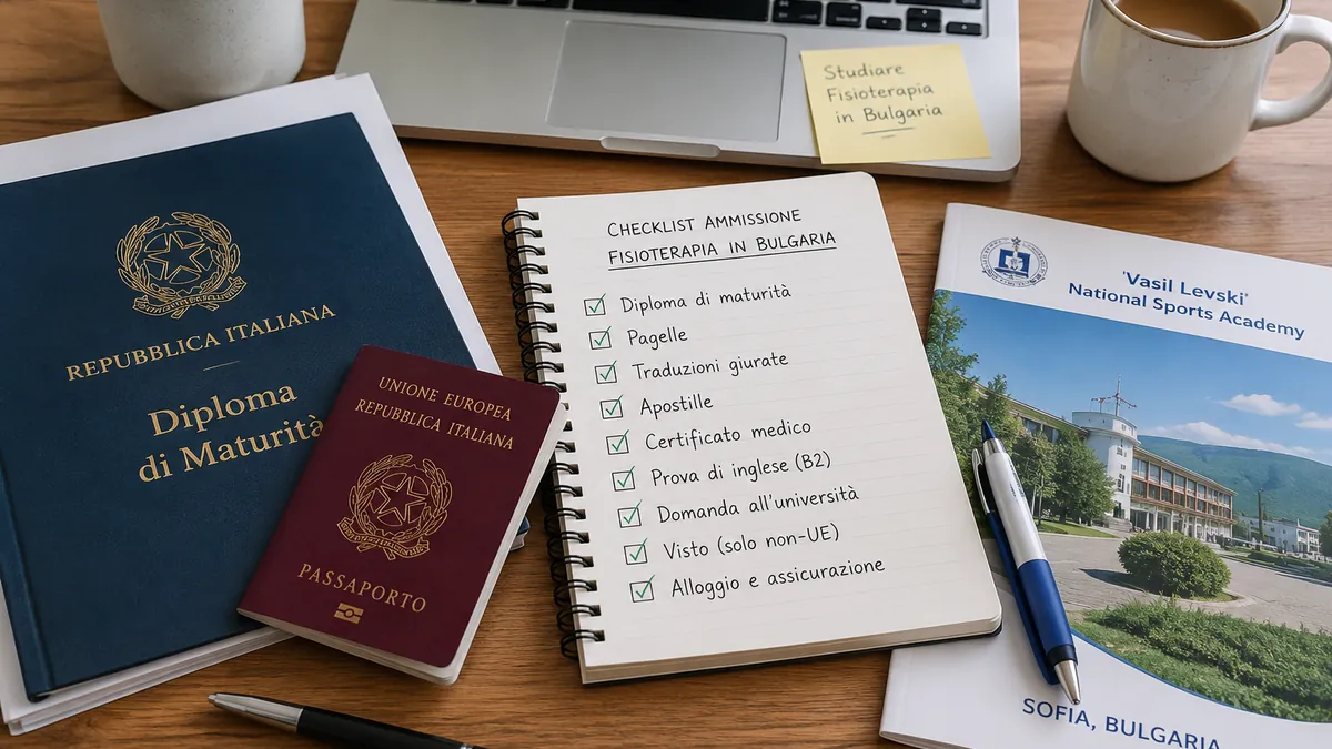 Candidata italiana prepara diploma, certificato dei voti e documenti legalizzati per l'ammissione a Fisioterapia in Bulgaria.