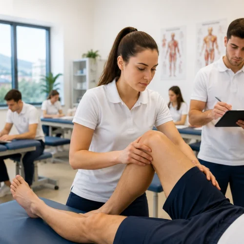 Studenti internazionali durante una lezione pratica di fisioterapia in Bulgaria.