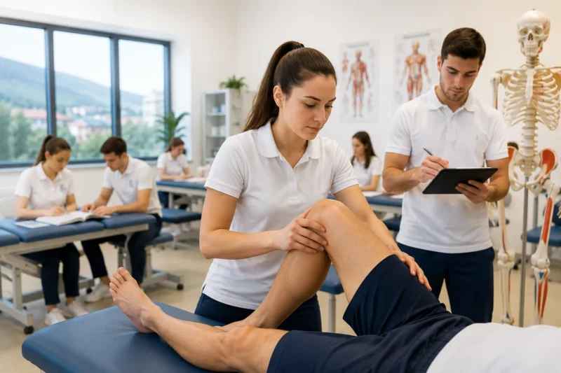 Studenti internazionali durante una lezione pratica di fisioterapia in Bulgaria.