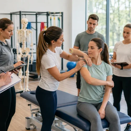 Studenti di fisioterapia osservano una valutazione della mobilità della spalla durante una lezione pratica universitaria.