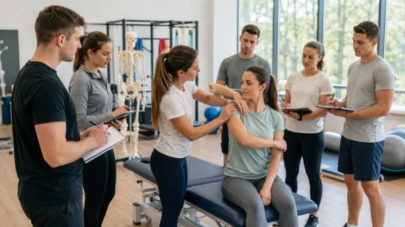 Studenti di fisioterapia osservano una valutazione della mobilità della spalla durante una lezione pratica universitaria.