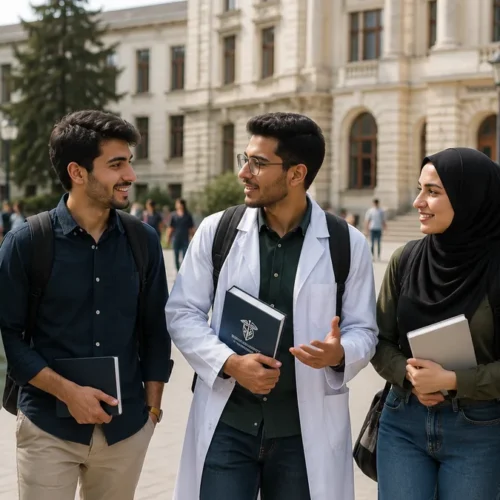mbbs-bulgaria-arab-students-featured Arab medical students on a university campus while studying Medicine in Bulgaria.