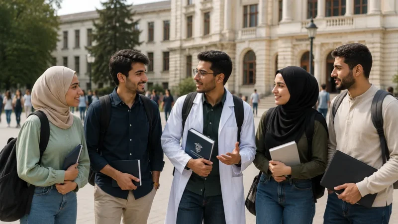 Arab medical students on a university campus while studying Medicine in Bulgaria.
