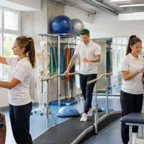 national-sports-academy-physiotherapy-training-featured Physiotherapy students practising clinical assessment, rehabilitation exercises and gait training in a university lab.