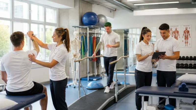 Physiotherapy students practising clinical assessment, rehabilitation exercises and gait training in a university lab.