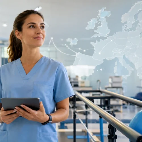 Physiotherapist in a rehabilitation clinic considering salary levels and career opportunities across Europe.