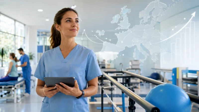 Physiotherapist in a rehabilitation clinic considering salary levels and career opportunities across Europe.