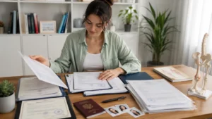 Applicant reviewing a school diploma, transcript and supporting documents for Physiotherapy admission in Bulgaria.