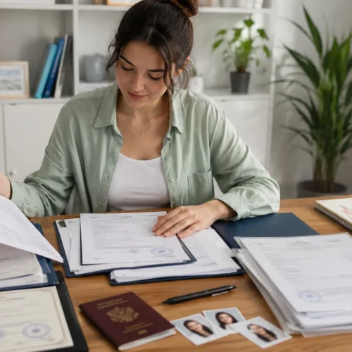 Applicant reviewing a school diploma, transcript and supporting documents for Physiotherapy admission in Bulgaria.