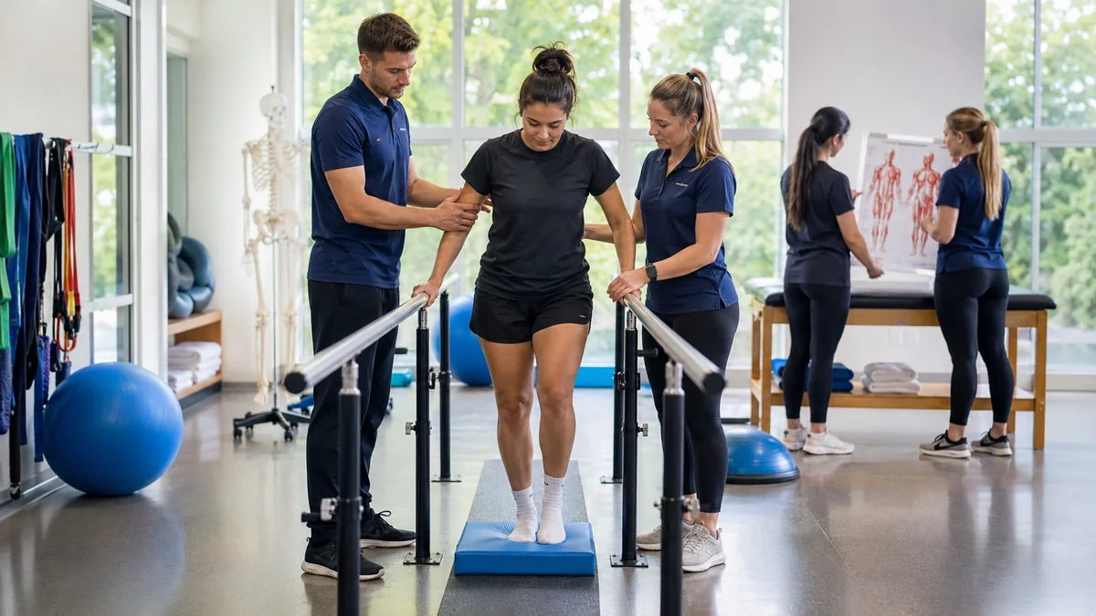 Physiotherapy students supervising balance and gait training during a practical university rehabilitation session.