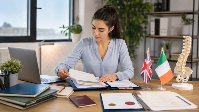 Physiotherapy graduate preparing qualification documents for HCPC registration in the UK and CORU recognition in Ireland.