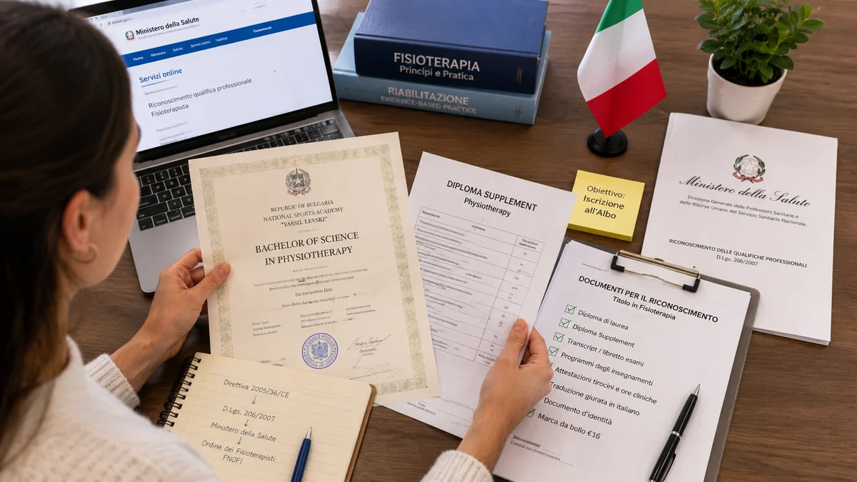 Laureata esamina diploma, Diploma Supplement e documenti richiesti per il riconoscimento della laurea in Fisioterapia bulgara in Italia.