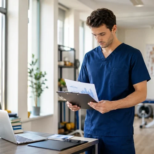 Fisioterapista in una clinica esamina dati su stipendio, lavoro dipendente e sviluppo della carriera in Italia.