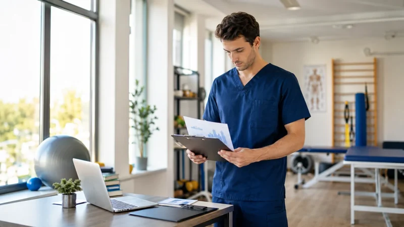 Fisioterapista in una clinica esamina dati su stipendio, lavoro dipendente e sviluppo della carriera in Italia.