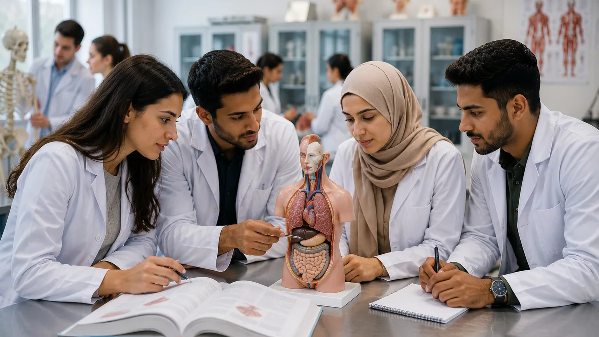 Study MBBS in Bulgaria: 2026/27 Guide for International Students 1 International medical students study human anatomy together during a practical laboratory class in Bulgaria.