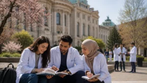 International medical students on a university campus while studying Medicine in Bulgaria in English.