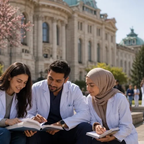 International medical students on a university campus while studying Medicine in Bulgaria in English.
