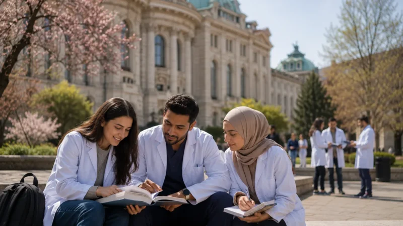 International medical students on a university campus while studying Medicine in Bulgaria in English.