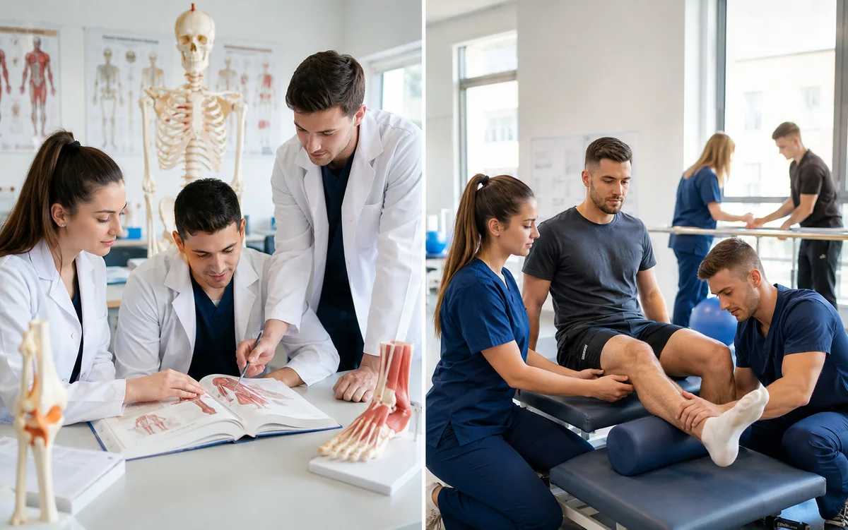 Physiotherapy students studying anatomy and practising lower-limb rehabilitation in Bulgaria.