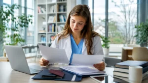 Medical student reviewing academic documents while preparing to transfer Medicine studies to Bulgaria.