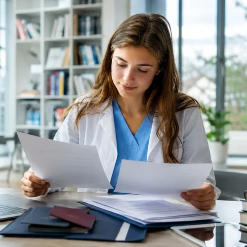 Medical student reviewing academic documents while preparing to transfer Medicine studies to Bulgaria.