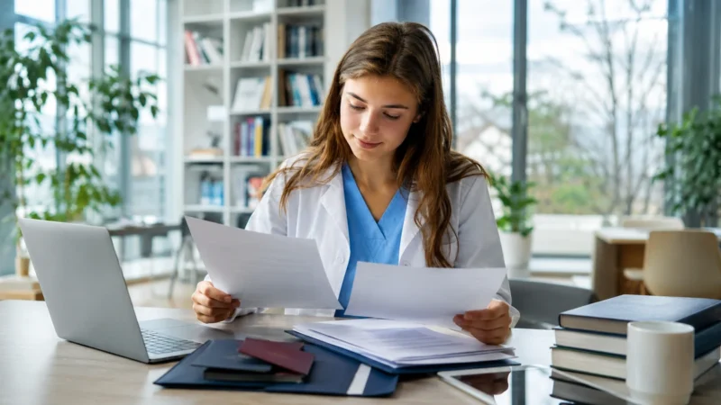 Medical student reviewing academic documents while preparing to transfer Medicine studies to Bulgaria.