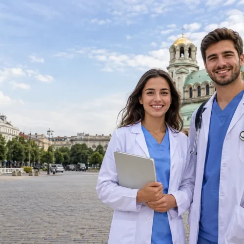 UK medical students in Bulgaria near Alexander Nevsky Cathedral in Sofia